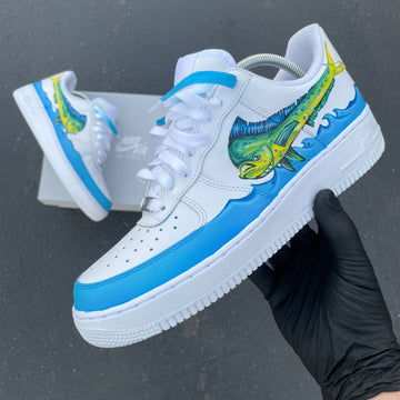 Custom Air Force 1 Blue Sea Waves And Green Fish