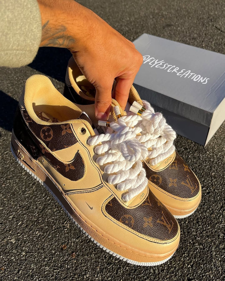 Custom Hand Painted Beige Monogram Air Force 1 Sneakers