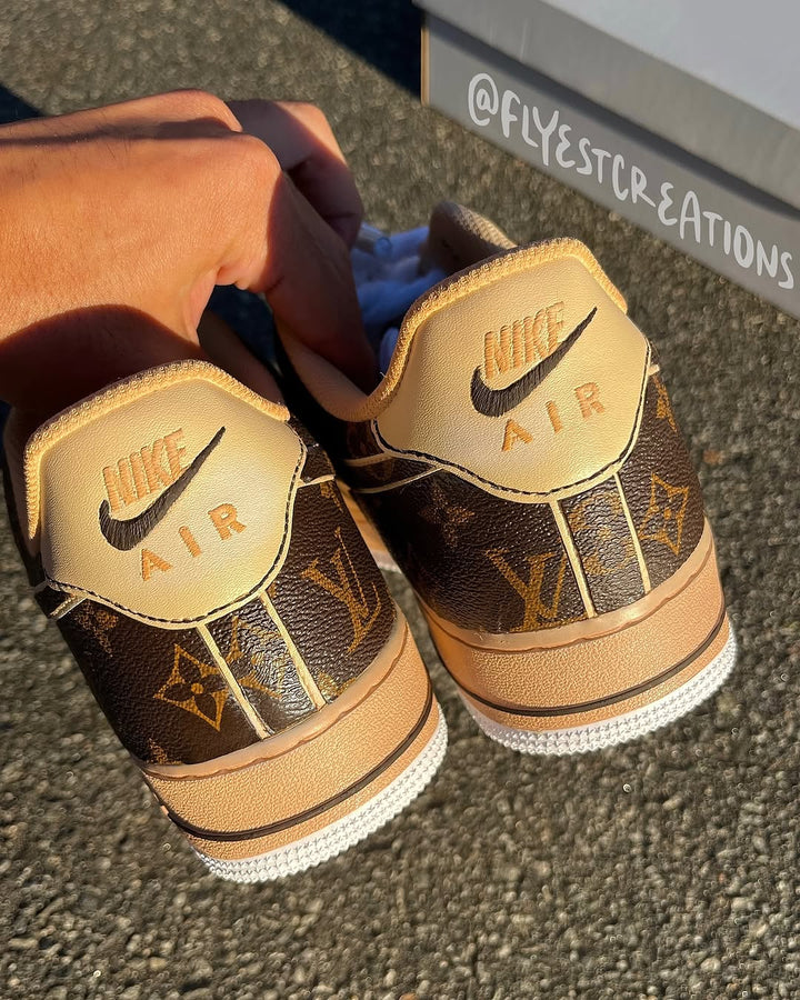 Custom Hand Painted Beige Monogram Air Force 1 Sneakers