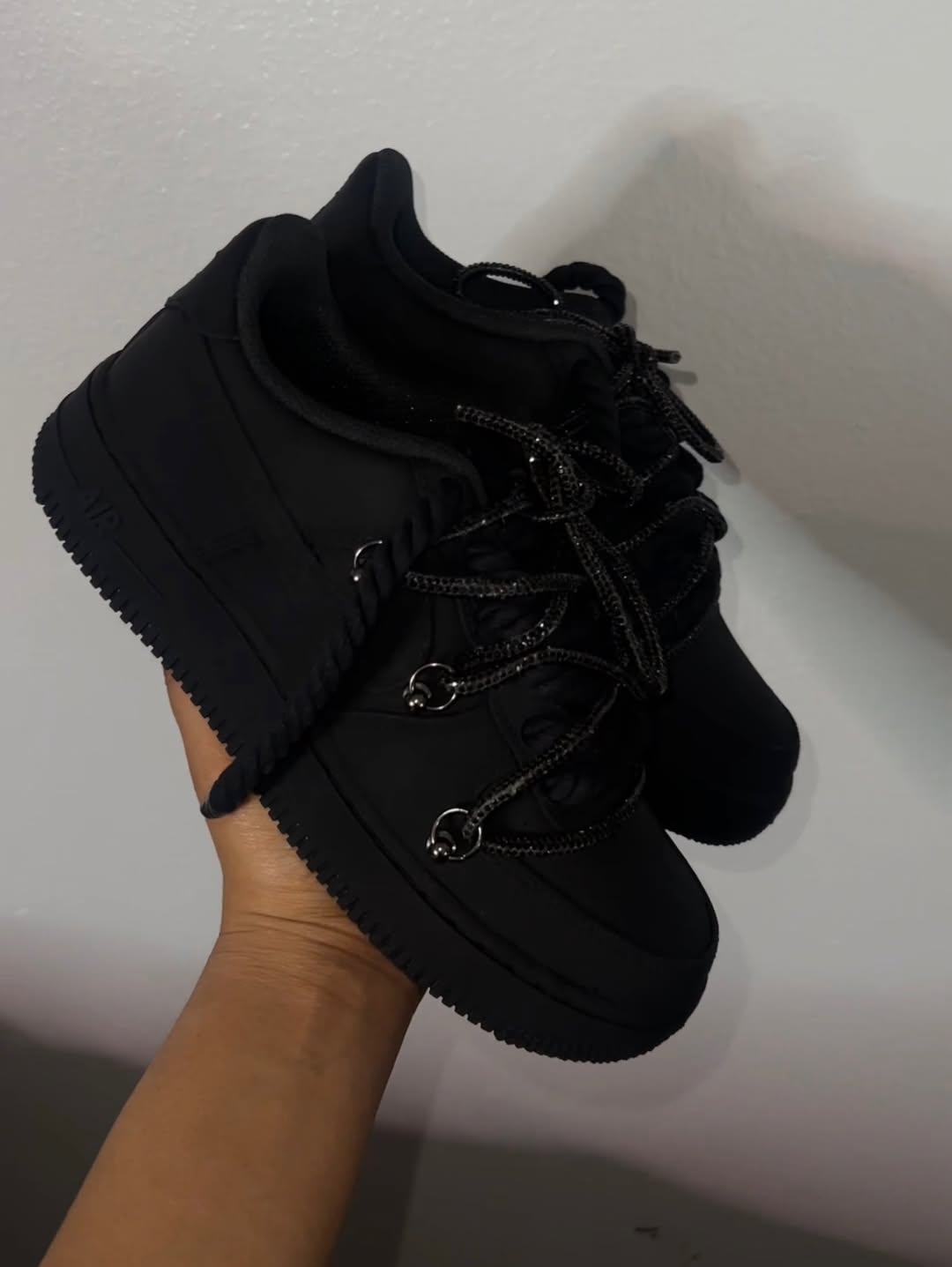 Custom All Black Rhinestone Lace Air Force 1 Sneakers