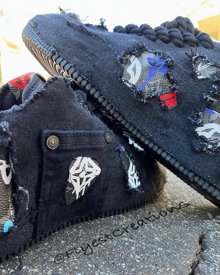Custom Hand Painted Distressed Black Denim Air Force 1