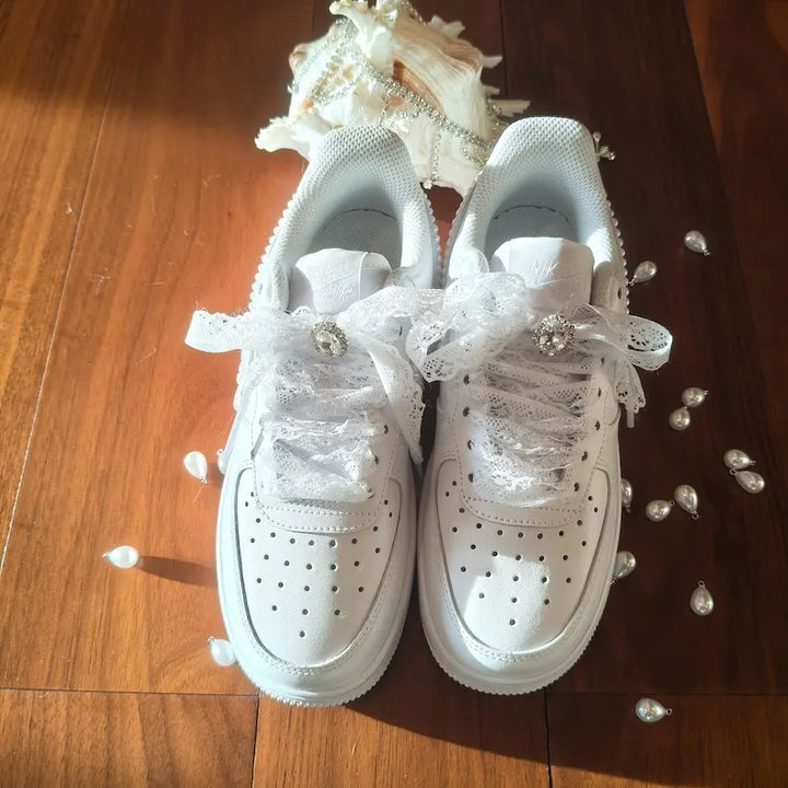 Personalized Pearl Embellished Lace Bridal Custom Air Force 1, Handmade Custom Name & Wedding Date Wedding Bride Custom Sneakers