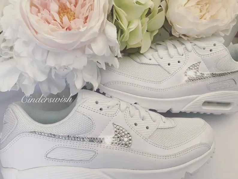 Sparkly Bling Rhinestone All White Bridal Wedding Custom Air Force 1, Handmade Personalized Custom Sneakers for Women