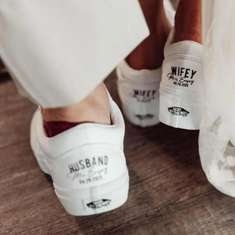 Personalized Matching Wifey & Hubby Wedding Custom Sneakers, Bridal Pearl Hand-Decorated Custom Air Force 1, Custom Newlywed Bridal Party Wedding Shoes