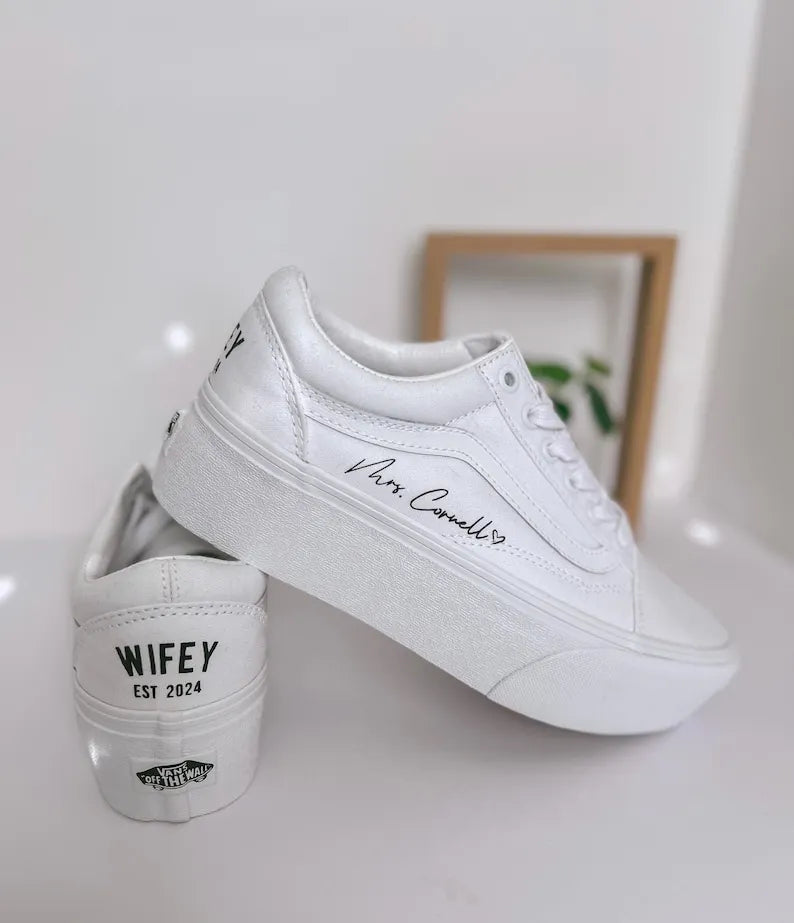 Personalized Matching Wifey & Hubby Wedding Custom Sneakers, Bridal Pearl Hand-Decorated Custom Air Force 1, Custom Newlywed Bridal Party Wedding Shoes