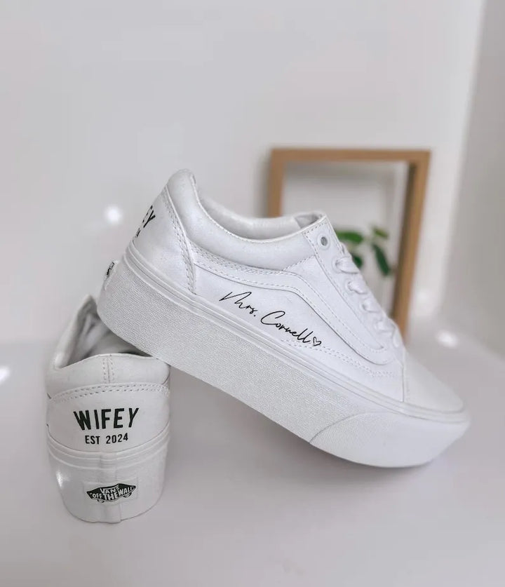 Personalized Matching Wifey & Hubby Wedding Custom Sneakers, Bridal Pearl Hand-Decorated Custom Air Force 1, Custom Newlywed Bridal Party Wedding Shoes