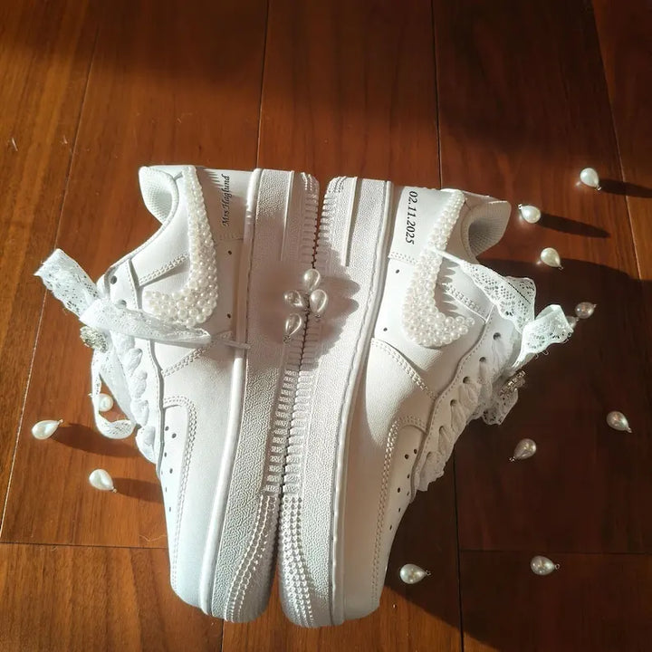 Personalized Pearl Embellished Lace Bridal Custom Air Force 1, Handmade Custom Name & Wedding Date Wedding Bride Custom Sneakers