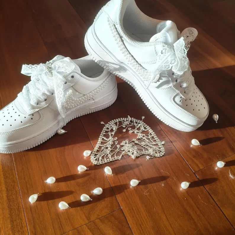 Personalized Pearl Embellished Lace Bridal Custom Air Force 1, Handmade Custom Name & Wedding Date Wedding Bride Custom Sneakers