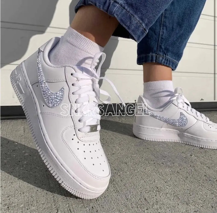 Bling Rhinestone Crystal Embellished Custom Air Force 1, Handmade Sparkling White Casual Custom Sneakers for Women Streetwear