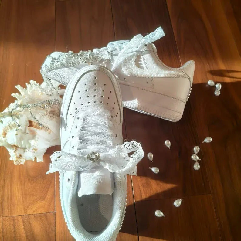 Personalized Matching Wifey & Hubby Wedding Custom Sneakers, Bridal Pearl Hand-Decorated Custom Air Force 1, Custom Newlywed Bridal Party Wedding Shoes