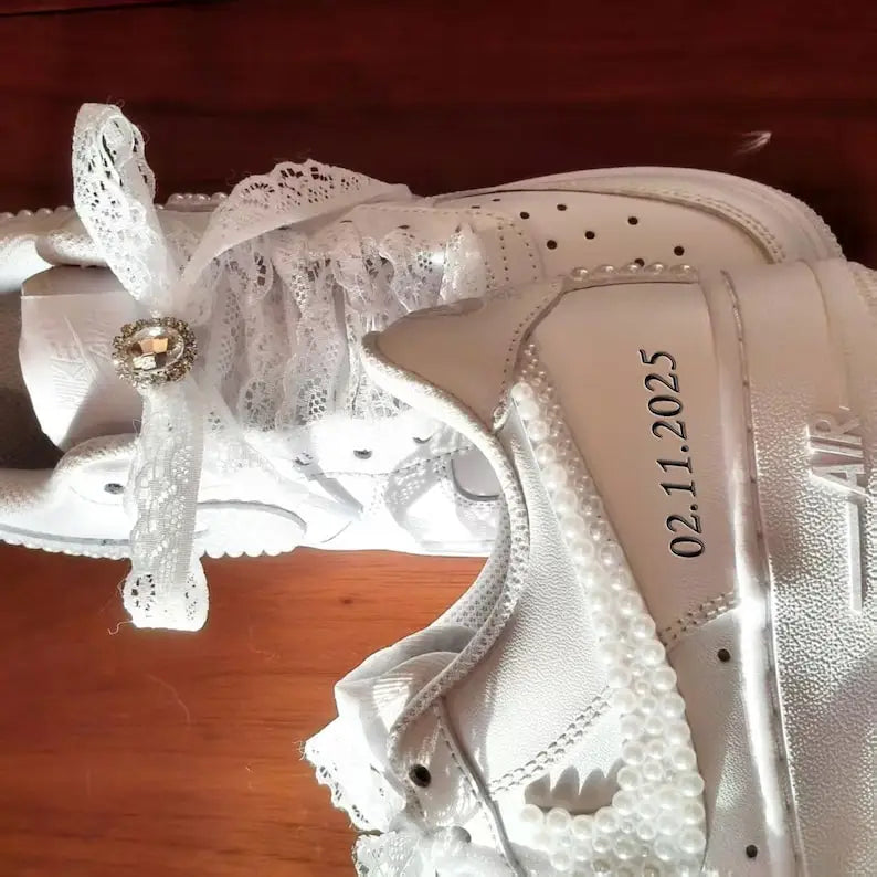 Personalized Pearl Embellished Lace Bridal Custom Air Force 1, Handmade Custom Name & Wedding Date Wedding Bride Custom Sneakers