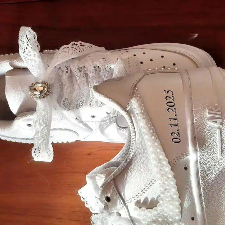 Personalized Pearl Embellished Lace Bridal Custom Air Force 1, Handmade Custom Name & Wedding Date Wedding Bride Custom Sneakers