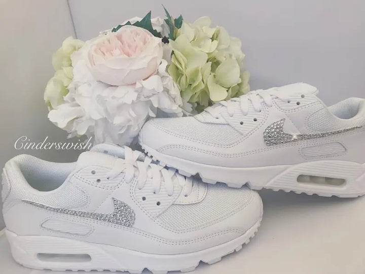 Sparkly Bling Rhinestone All White Bridal Wedding Custom Air Force 1, Handmade Personalized Custom Sneakers for Women