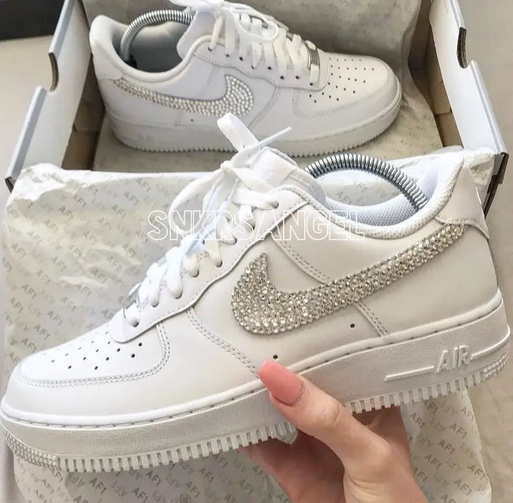 Bling Rhinestone Crystal Embellished Custom Air Force 1, Handmade Sparkling White Casual Custom Sneakers for Women Streetwear