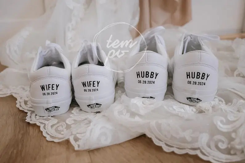Personalized Matching Wifey & Hubby Wedding Custom Sneakers, Bridal Pearl Hand-Decorated Custom Air Force 1, Custom Newlywed Bridal Party Wedding Shoes