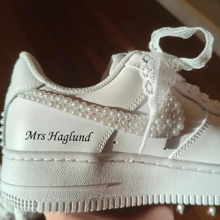 Personalized Matching Wifey & Hubby Wedding Custom Sneakers, Bridal Pearl Hand-Decorated Custom Air Force 1, Custom Newlywed Bridal Party Wedding Shoes