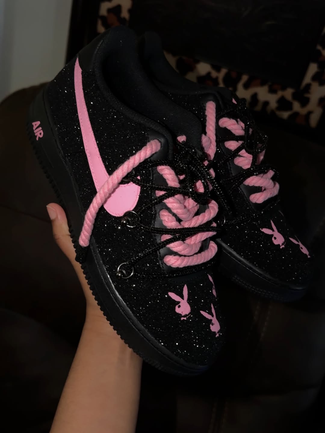Hand Painted Black Pink Glitter Custom Air Force 1 Sneakers