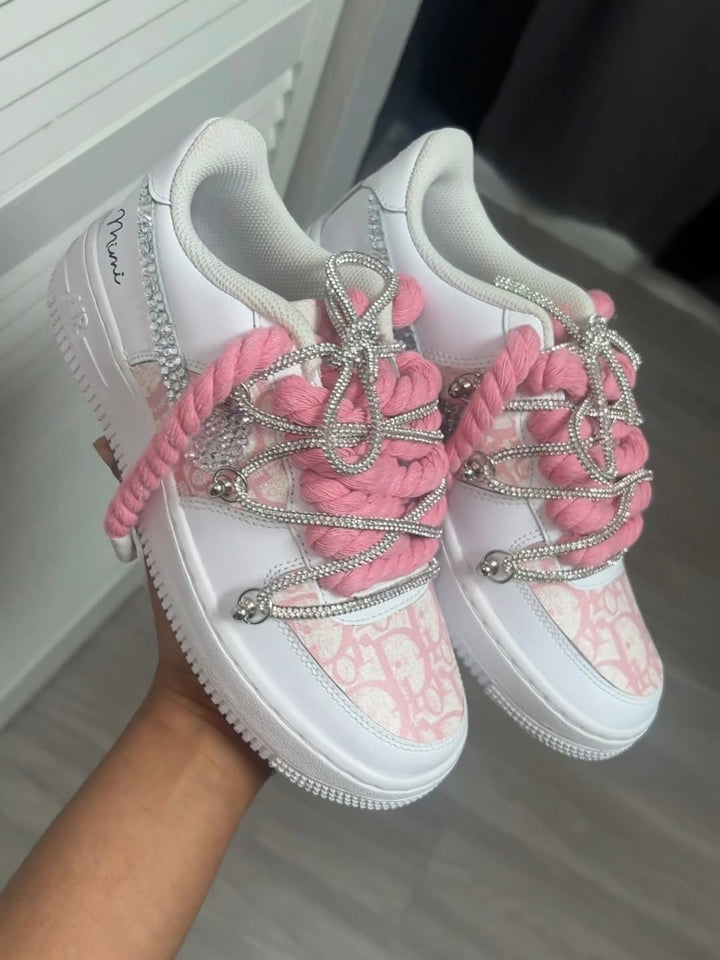 Custom Hand Painted Pink Rhinestone Air Force 1 Sneakers