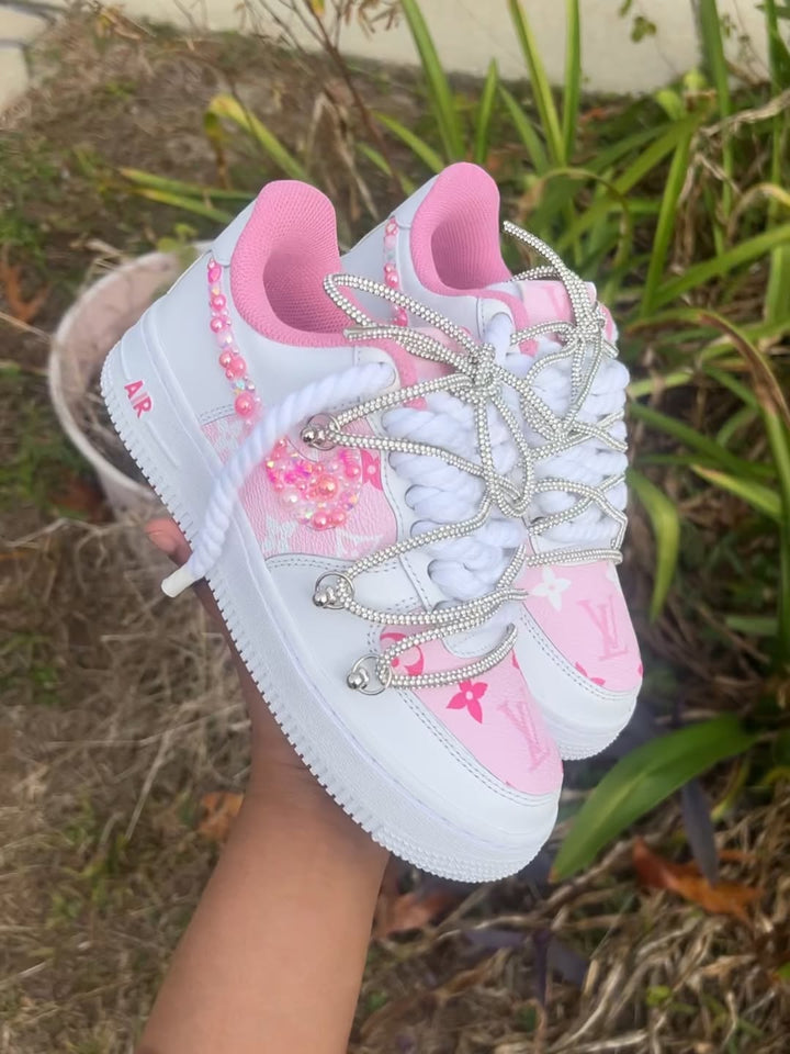 Custom Hand Painted Pink Rhinestone Air Force 1 Sneakers
