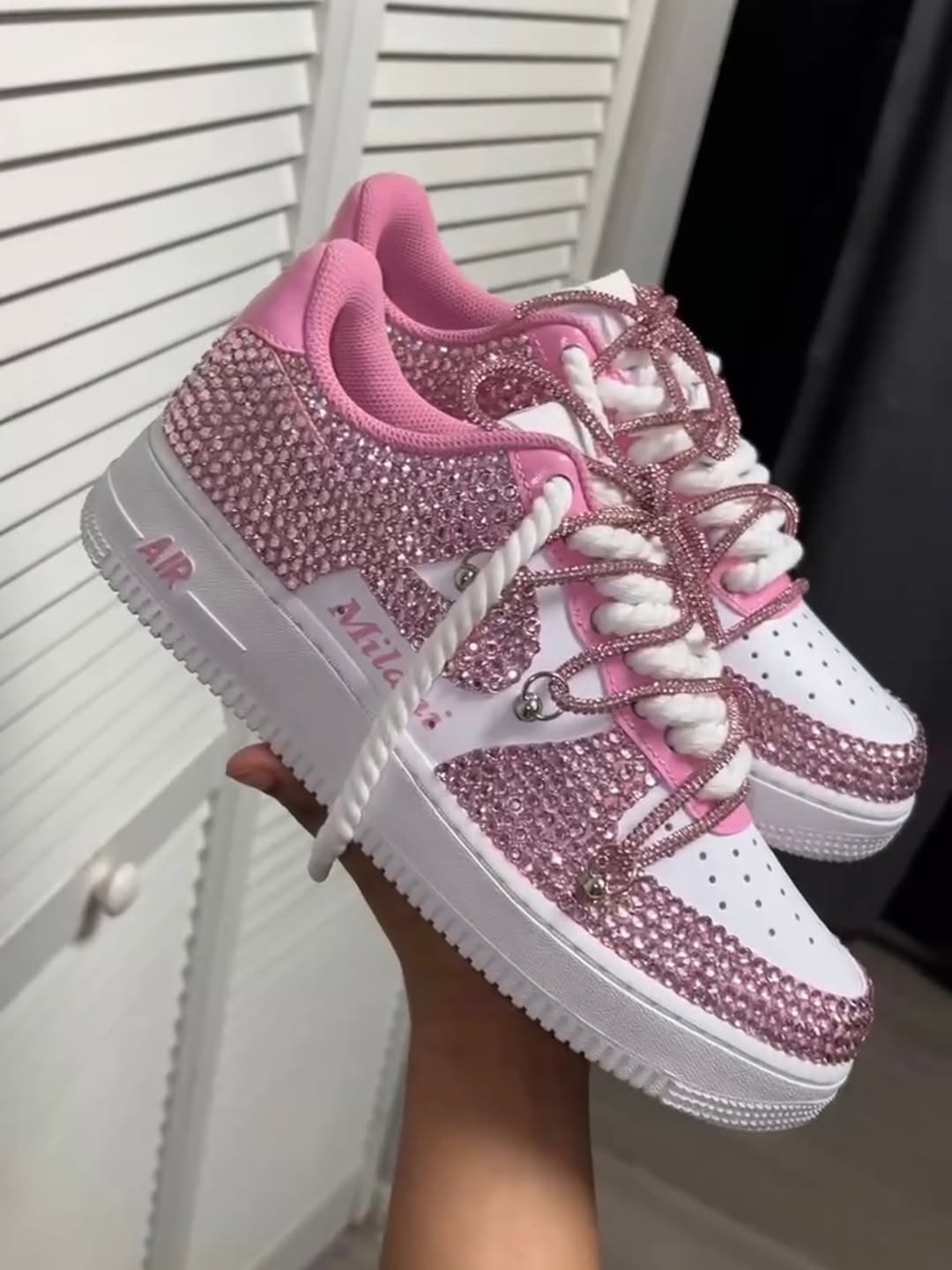 Custom Hand Painted Pink Rhinestone Air Force 1 Sneakers