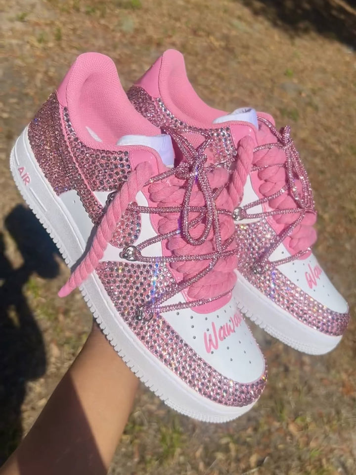 Custom Hand Painted Pink Rhinestone Air Force 1 Sneakers
