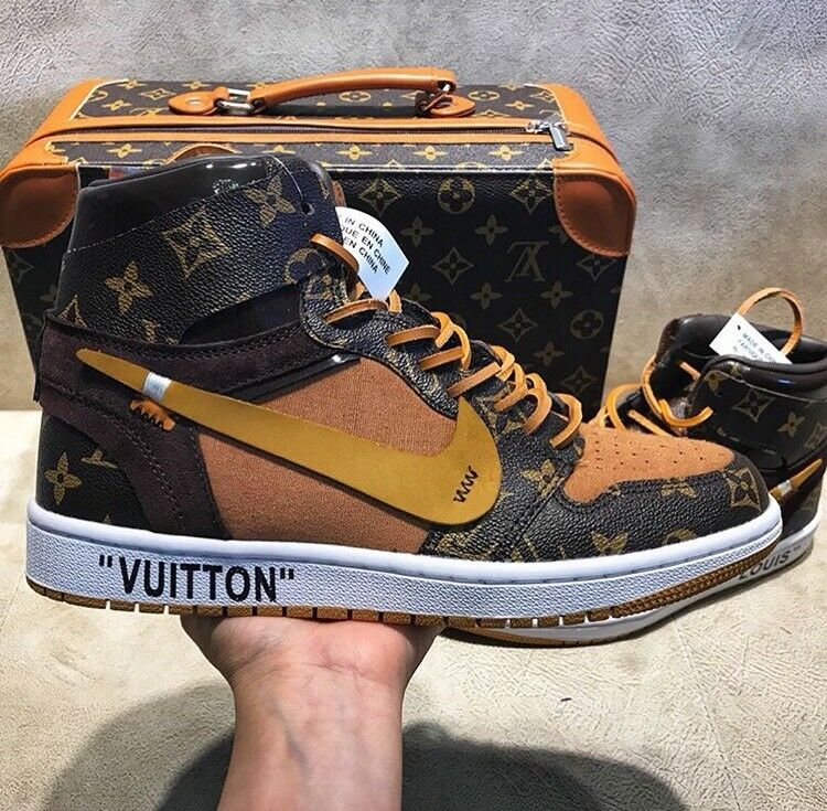 Custom Air Jordan 1 Khaki Chocolate LV Logo High