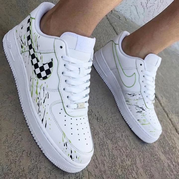 Checkered Swoosh Splatter Black Green Custom Air Force 1