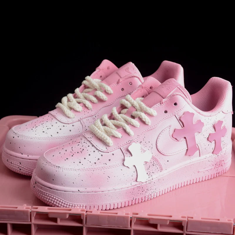 Custom Air Force 1 Baby Pink with Crosses and Splatter Design
