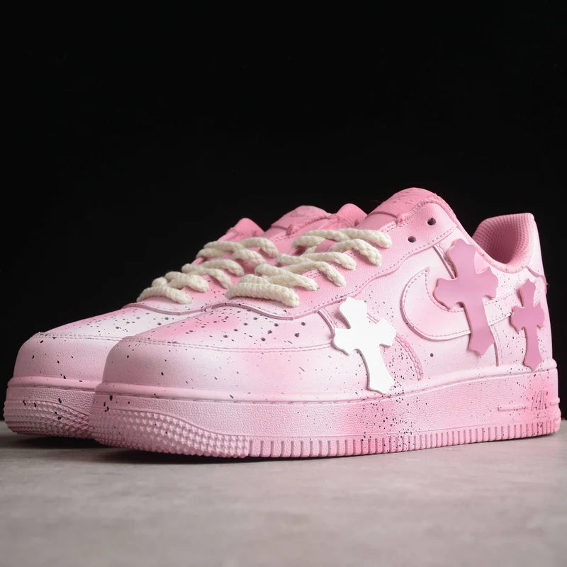 Custom Air Force 1 Baby Pink with Crosses and Splatter Design