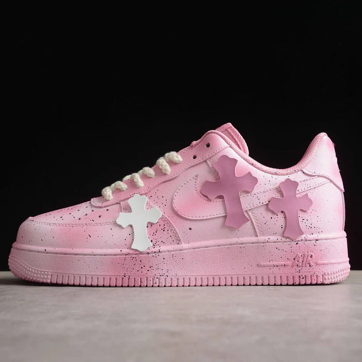 Custom Air Force 1 Baby Pink with Crosses and Splatter Design