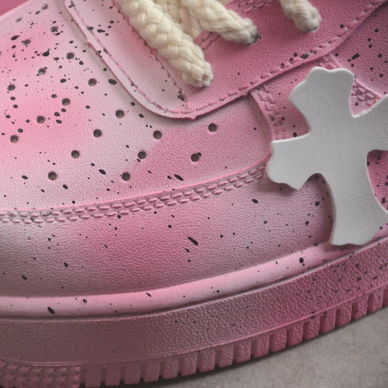 Custom Air Force 1 Baby Pink with Crosses and Splatter Design