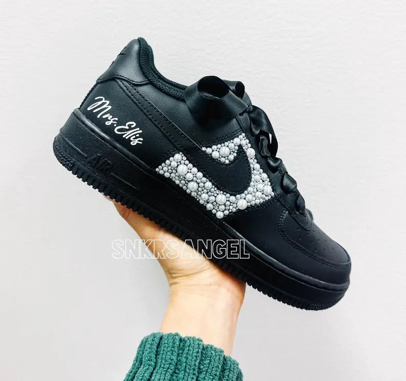 Custom Air Force 1 Black Pearl Embellished with Bow and Name