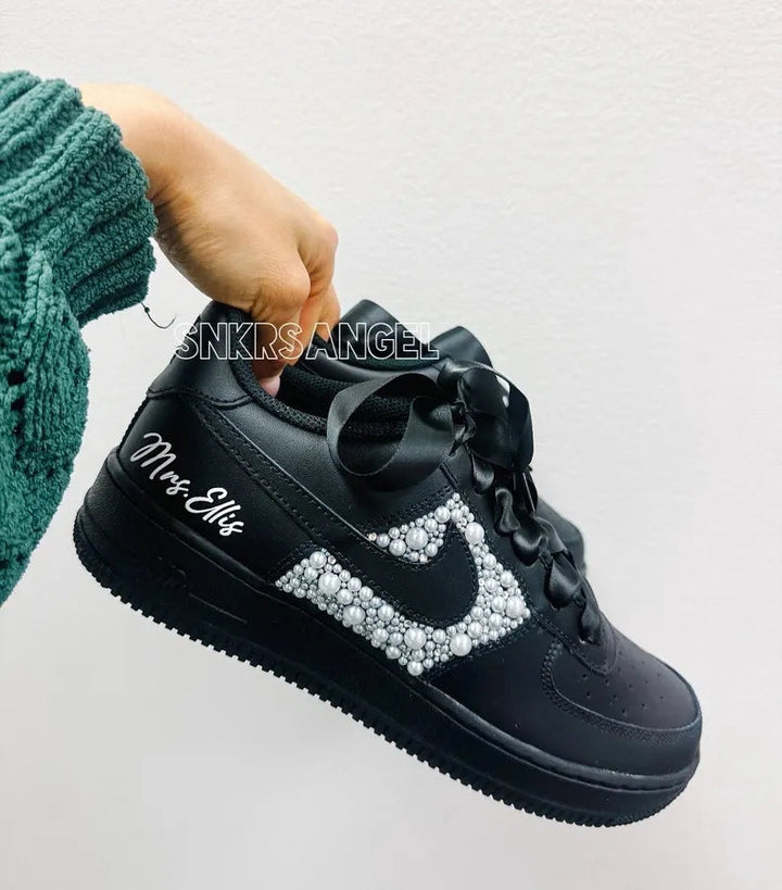 Custom Air Force 1 Black Pearl Embellished with Bow and Name