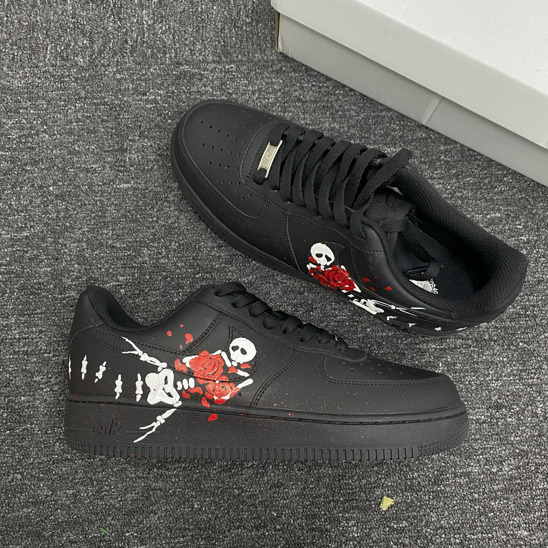 Custom Air Force 1 Black With Skull And Rose
