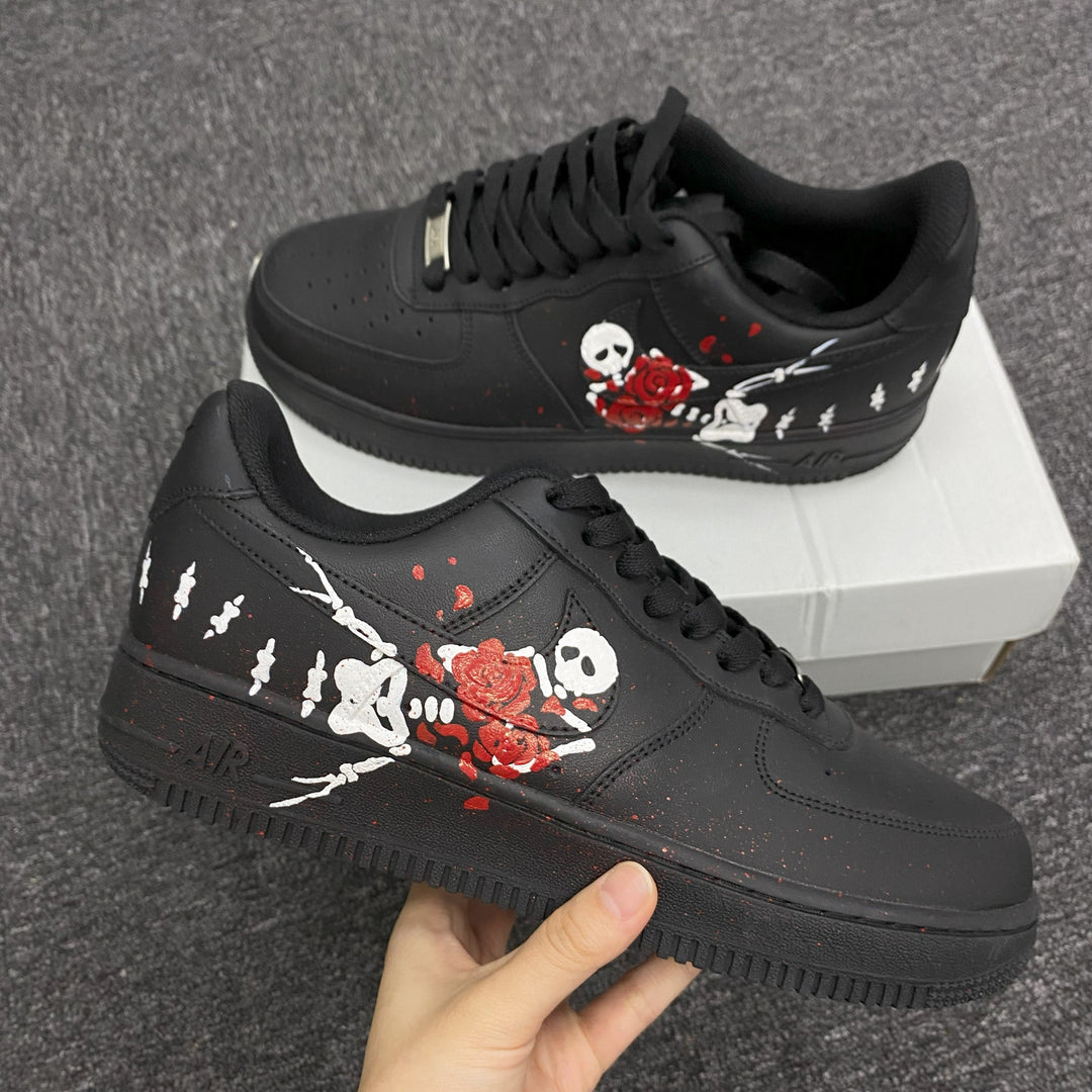 Custom Air Force 1 Black With Skull And Rose