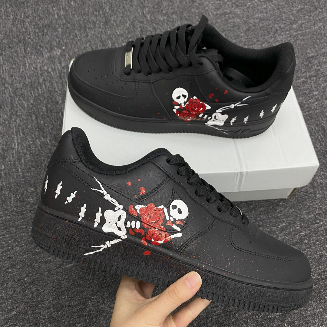 Custom Air Force 1 Black With Skull And Rose