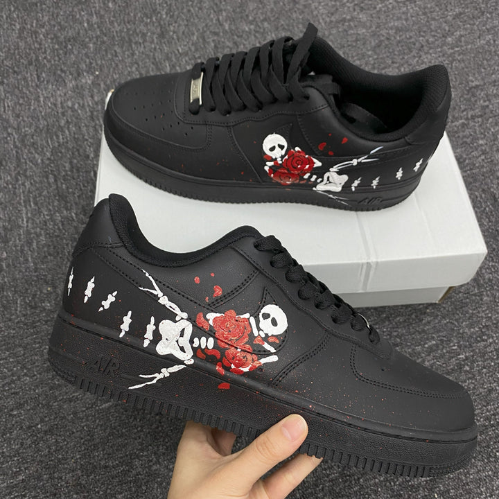 Custom Air Force 1 Black With Skull And Rose