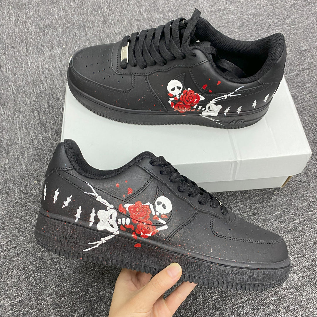 Custom Air Force 1 Black With Skull And Rose
