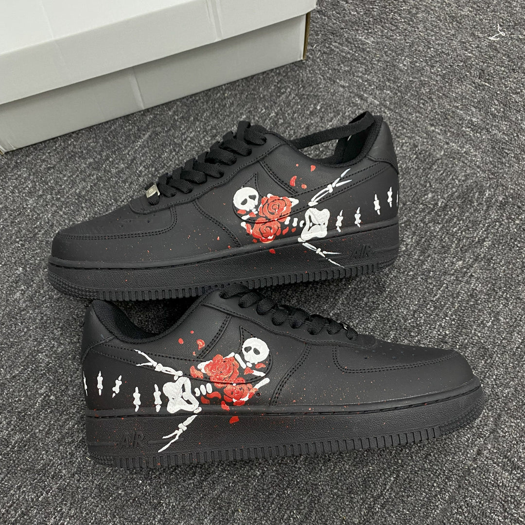Custom Air Force 1 Black With Skull And Rose