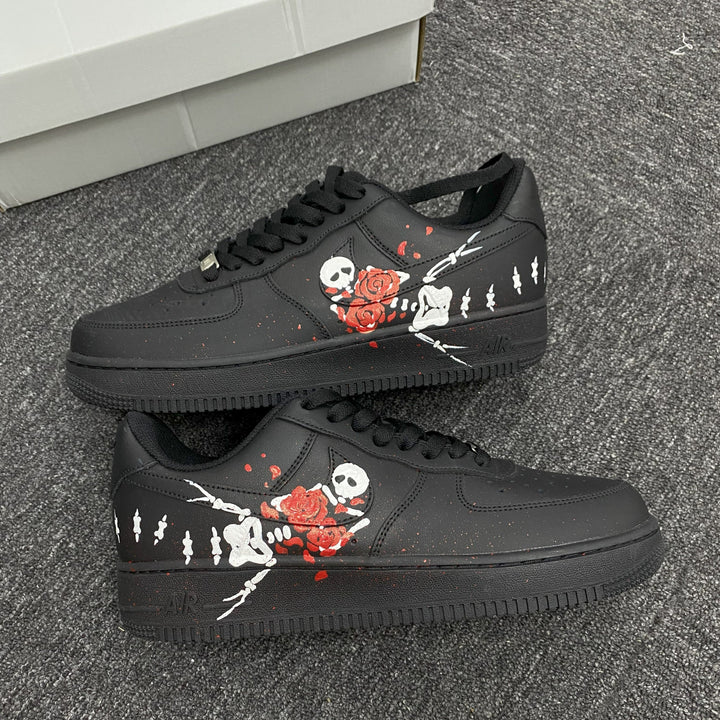 Custom Air Force 1 Black With Skull And Rose