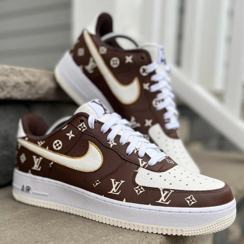 Custom Air Force 1 Brown and White With LV Patterns