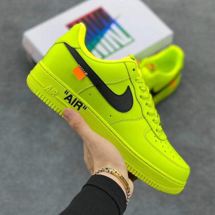 Custom Air Force 1 Neon Yellow With Black Swoosh And Orange Tag