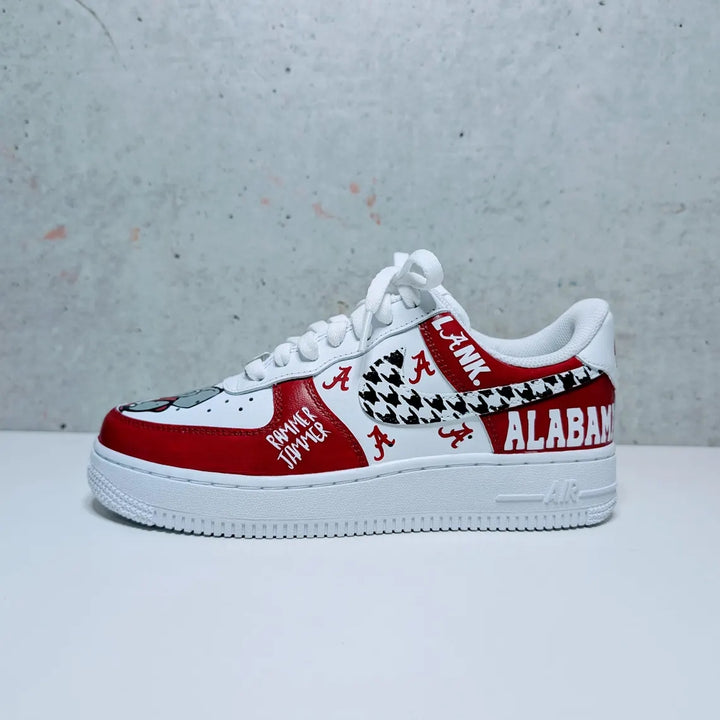Custom Air Force 1 Red White With Houndstooth And Alabama Graphics