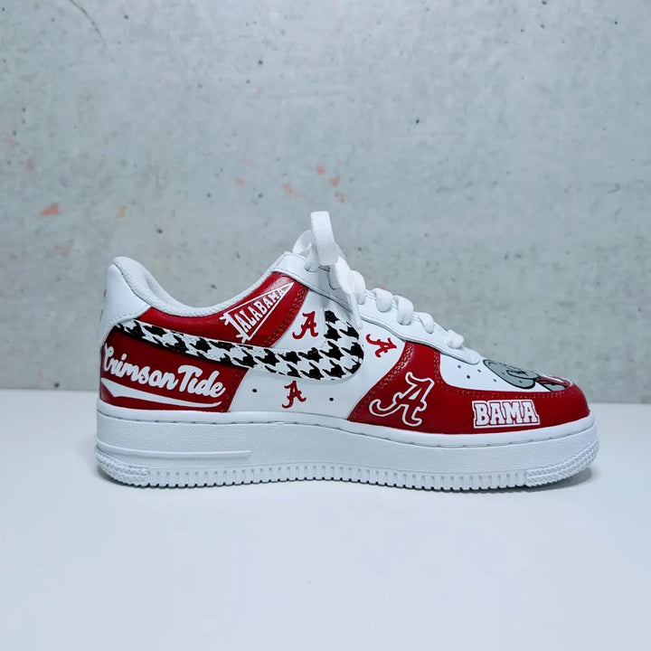 Custom Air Force 1 Red White With Houndstooth And Alabama Graphics