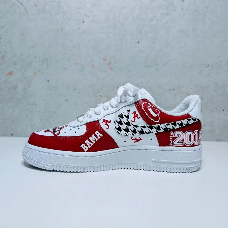 Custom Air Force 1 Red White With Houndstooth And Alabama Graphics