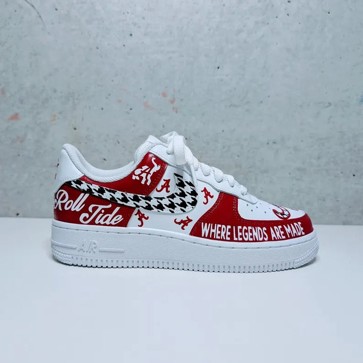 Custom Air Force 1 Red White With Houndstooth And Alabama Graphics