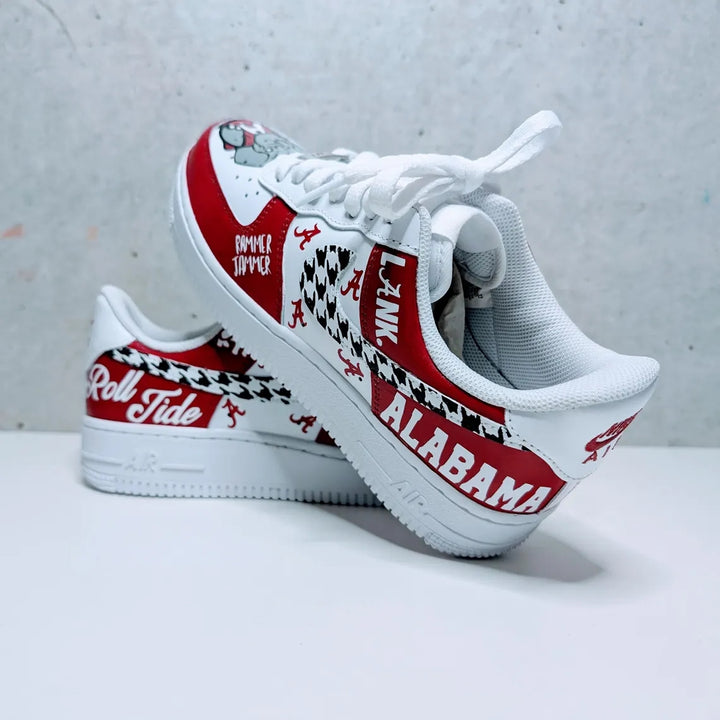 Custom Air Force 1 Red White With Houndstooth And Alabama Graphics