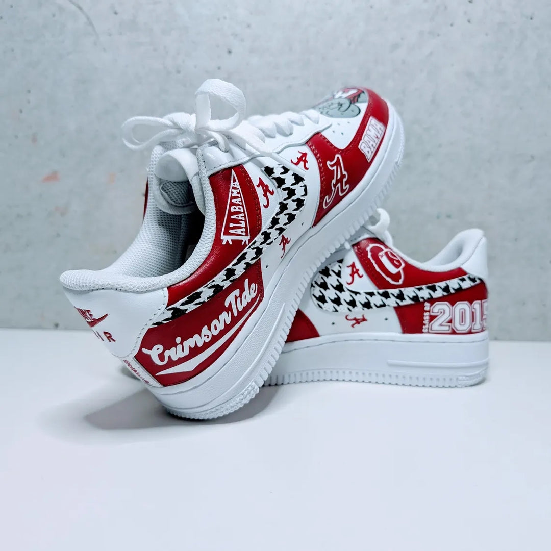 Custom Air Force 1 Red White With Houndstooth And Alabama Graphics