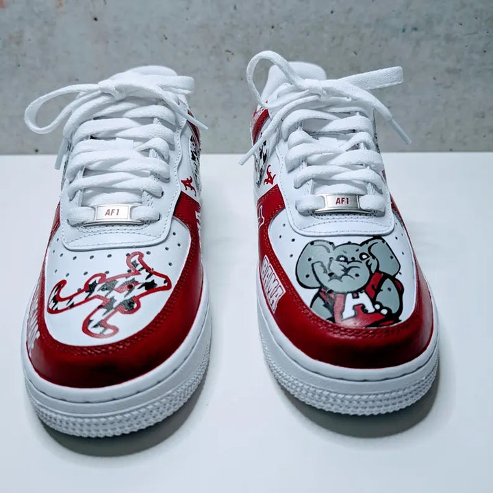 Custom Air Force 1 Red White With Houndstooth And Alabama Graphics