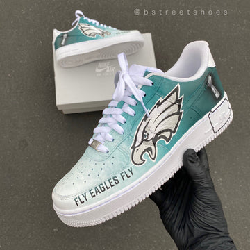 Custom Air Force 1 Teal And White With Eagles Logo And Fly Eagles Fly Text